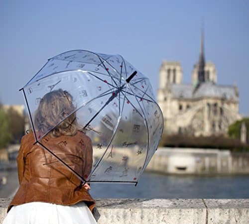 Smati Long Transparent Umbrella - forma de gaiola; Sólido; Abertura automática; Diâmetro = 85cm; Guarda -chuva feminina; Padrão de Paris; Guarda -chuva de forma de cúpula