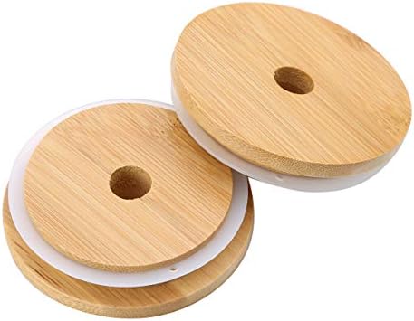 Yizyif 4pcs jarra de madeira tampas reutilizáveis ​​tampas de bambu reutilizadas com orifício de palha e anel de silicone