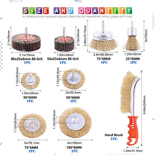 Conjunto de pincel de roda de arame de 9pcs de 9pcs, escova de roda de arame revestida com latão com haste de haste de 1/4 de polegada