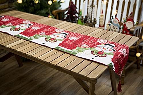 Runner de mesa de Natal Obekann, Runner de mesa de natal do boneco de neve bordado com borlas para a mesa de jantar em casa Decorações