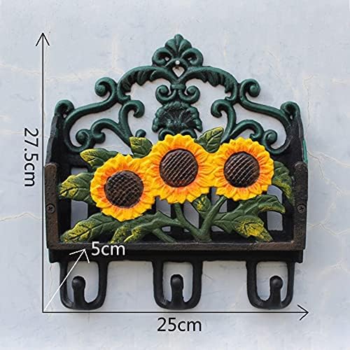 Zlbyb Pintura manual Sunflower Ferro fundido Rack de correio de parede com três ganchos Decoração de parede da casa