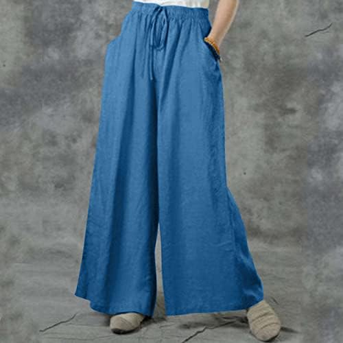 Calças de linho de algodão casual de verão para mulheres calças de perna lisada solta calças longas com bolsos com calças confortáveis