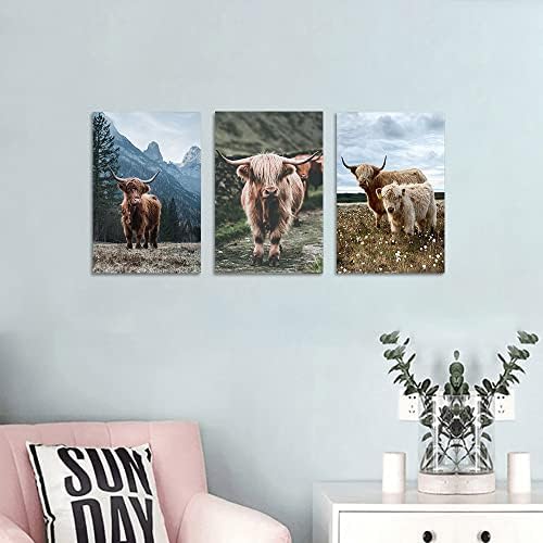 Modesty Joys Highland Cow Rustic Farmhouse Canvas Decoração de arte de parede para quarto de casa da sala do banheiro