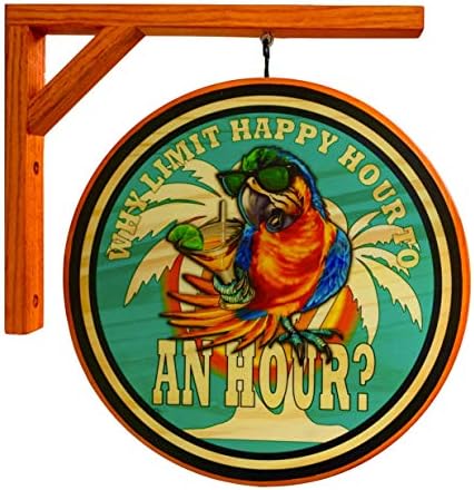 Happy Hour Parrot Pub Sign, 15 polegadas de diâmetro de madeira de 2 lados, inclui suporte suspenso de madeira, apenas uso interno