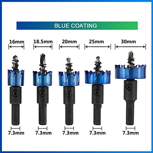 Hefute 5 PCs HSS Burring Drill SAW Bit Kit para liga de madeira de metal 0,63 a 1,18 polegadas Blue Nano Coating Furro