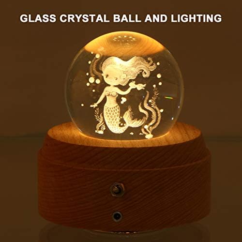 AMOSFUN 3D Crystal Ball Music Box girating sereia rena Globo de neve com presentes base de faia para crianças