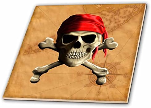 3drose um crânio pirata Jolly Roger e cruzou ossos no mapa de piratas vintage. - Azulejos