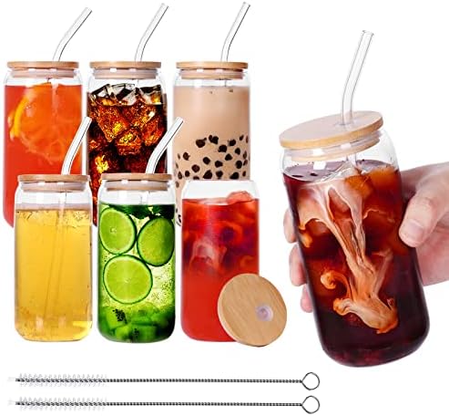 Copos de bambu e canudos de vidro - pacote de 6 xícaras de vidro em forma de lata de 6 onças, copos de cerveja, copos de café gelado, copo de copo fofo, ideal para uísque, refrigerante, chá, água