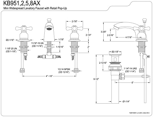 Kingston Brass KB958AX Mini torneira de banheiro vitoriana com pop-up de varejo, níquel escovado