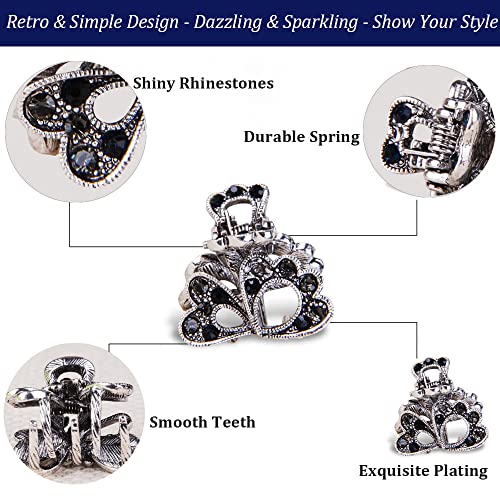 Ymrott 6 peças Crystal Rhinestone Garra Clips de cabelos pequenos garra de mandíbula Butterfly Metal Vintage Barrettes Grippers