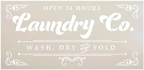 Aberto de 24 horas, estêncil de lavanderia vintage por Studior12 | Acentos de filigrana | Lavar, secar e dobrar