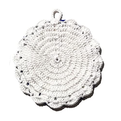 Potholder de relógio de crochê branco e azul em algodão 5.1x5.9 incod. 198 - Feito à mão na Itália