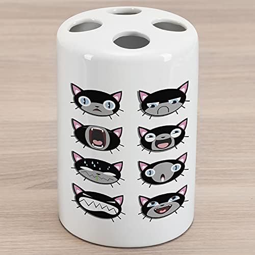 Suporte de escova de dentes cerâmica de gato lunarável, grupo de rostos de gatinhos entediados, raiva confusa depressão gritando emoções, bancada versátil decorativa para banheiro, 4,5 x 2,7, cinza preto branco