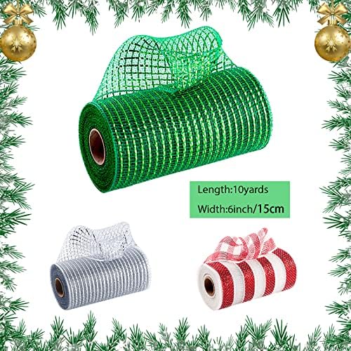 Rolos de malha deco de natal de 6 polegadas para grinaldas produzindo suprimentos, 3rolls 10 jardas verdes prateadas