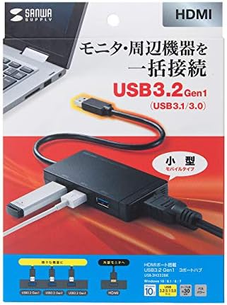 Sanwa Supply USB-3H332BK USB 3.2 Gen1 Hub de 3 portas com porta HDMI