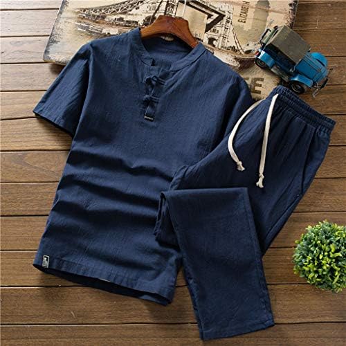Roupa de tracksuit sólido casual masculino de linho de algodão conjuntos de linho de algodão Camisa de manga curta Long Plus Size