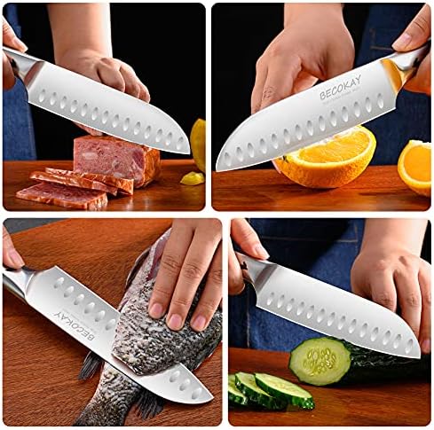 BECOKAY Facas de bife serrilhado Conjunto de 4, 7 polegadas Santoku Knife, facas de cozinha ultraleve de cozinha, Faca