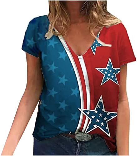 Tamas de bandeira americana de verão plus size para mulheres clássicas v dicas de pescoço tshirts de manga curta blusa