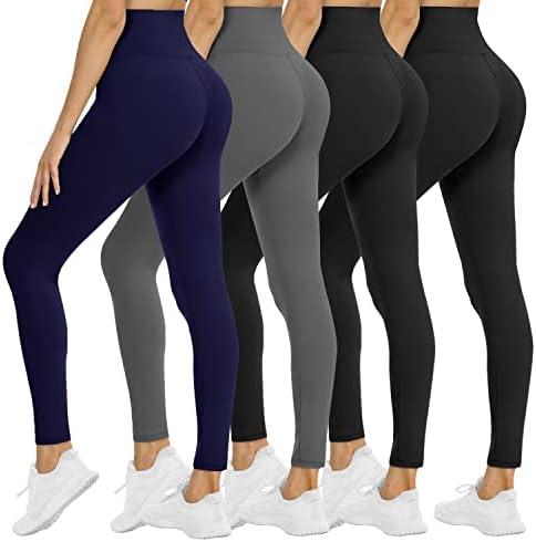 4 Leggings de embalagem para mulheres - Controle de barriga de cintura alta Soft Sem transparir calças de ioga preta para treino atlético