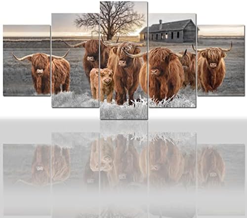 Lmhan Highland Cow Wall Art Canvas, Fotos de vaca escocês Decor de parede Fazenda 5 Painel Pintura de animais Pintura de arte