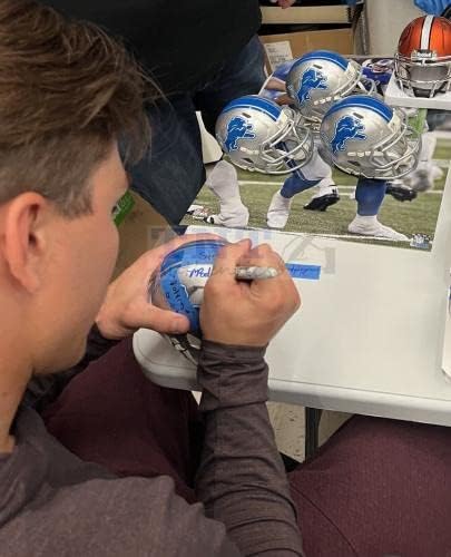 Malcolm Rodriguez assinou e 2x inscrições de capacete de Detroit Lions JSA - Autografado NFL Mini Capacetes