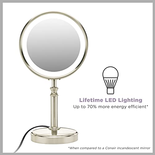 Reflexões Conair LED de dupla face LED Mount Vanity Makeup espelho, ampliação 1x/10x, níquel de cetim