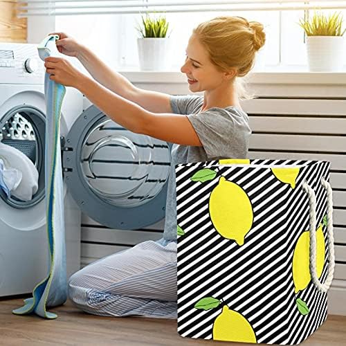 Lemons linhas brancas linhas brancas listras padrão cesto de lavanderia com alças grandes cestas dobráveis ​​para lixeira, quarto