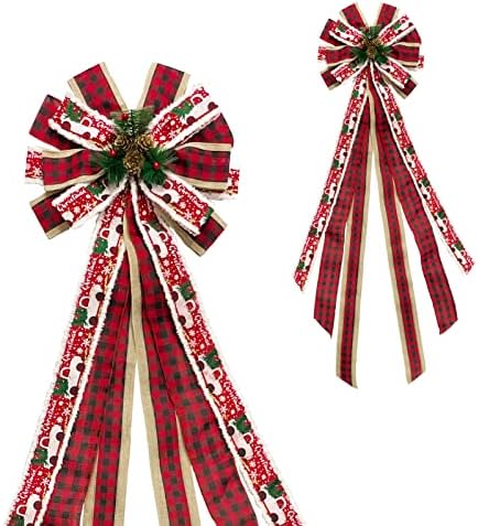 Molili Christmas Tree Topper Bows com serpentinas longas, 44,5x13 polegadas de caminhão vermelho búfalo búfalo fita arco decorações