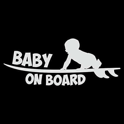 Baby a bordo do decalque da prancha de surf | Branco | Feito nos EUA por stick isso! | Adesivo para janelas de carro ou caminhão, laptop, garrafa de água, comprimidos etc. | 9 x 3,5 |