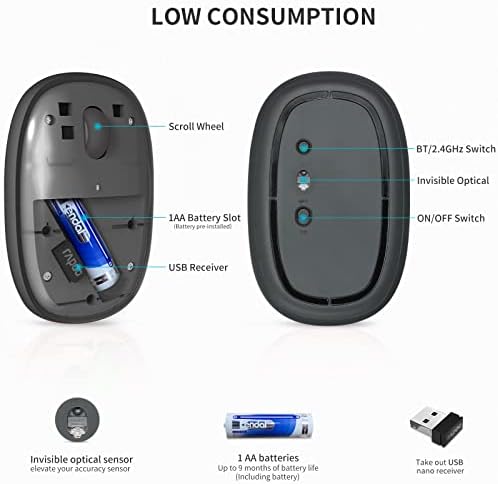 Mouse Bluetooth de modo duplo Rapoo, mouse sem fio portátil com receptor BT3.0/5.0 e 2.4GHz, mouse silencioso de 1300 dpi, mouse