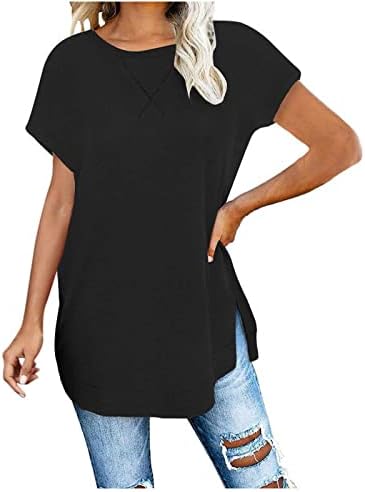 Túnicas femininas Tops Moda Mangas curtas Slim Fit O-pescoço dividido T-shirt Holiday Holiday Casual Midi Sorthirt Pullover