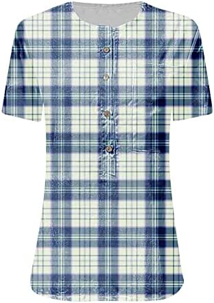 Mulheres xadrezas tampas de manga curta de verão casual t camisetas modernas tee impressa camiseta de decote de botão Henley