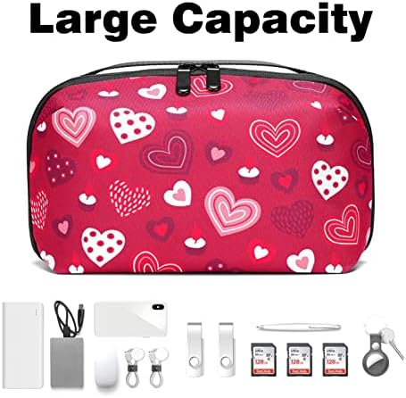 Bolsa de organizador eletrônico portátil Bolsa de bolsas rosa corações de amor padrão Red Background Viagem Bolsa de armazenamento de cabo para discos rígidos, USB, cartão SD, carregador, banco de energia, fone de ouvido