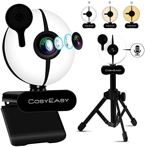 Cosyeasy 60fps webcam com microfone e suporte para desktop, fhd 1080p comparável 2k 4k webcam com luz de anel e capa de privacidade