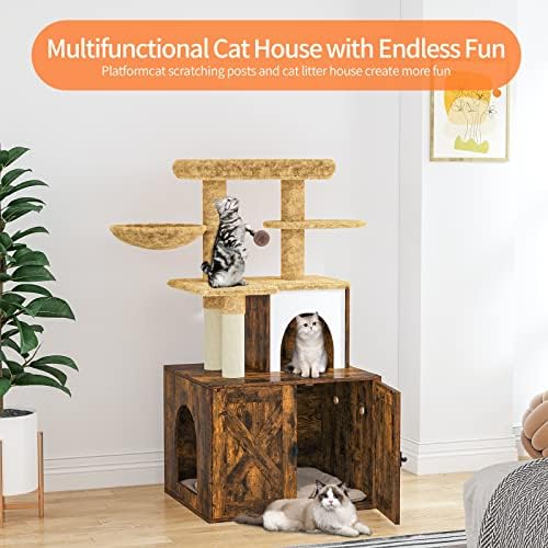 Gabinete de caixa de areia Snughome com torre de árvores de gato e condomínio, móveis escondidos de banheiro de gato com sisal riscando postagem e polimento macio, móveis de gato de madeira com várias plataformas, marrom rústico