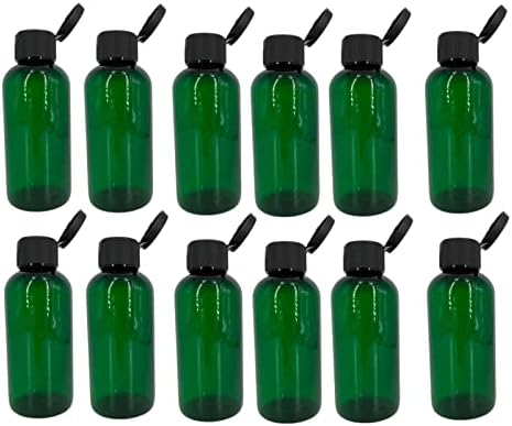 Garrafas de plástico verde de 4 oz de Boston -12 Pacote de garrafa vazia recarregável - BPA Free - Oils essencial - Aromaterapia | Black Flip Top Snap Cap - Feito nos EUA - por fazendas naturais