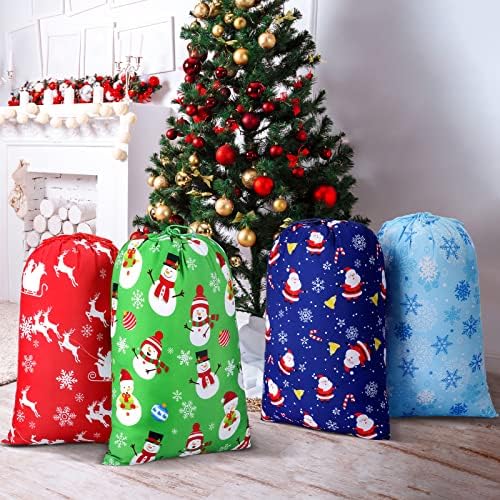 4 PCs 19,7 '' x 27,5 '' Large Fabric Sacos de Tream -Snowstring Snowstring Snowstring Bag do Natal de Snowstring Bag do Xmas Santa