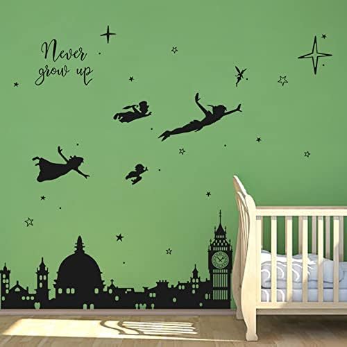 Runtoo Peter Pan Decalques de parede citações Big Ben Cityscape Wall Stickers para Kids Room Baby Nursery Decoração de parede do quarto