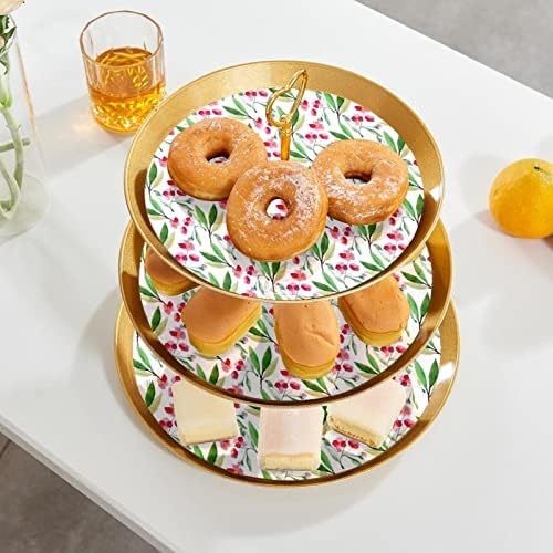 3 Placa de fruta de cupcakes de 3 camadas de sobremesa Plástico para servir suporte de exibição para casamento de aniversário de bebê Decorações de chá de chá de bebê redondo, padrão de flor de cerejeira em aquarela