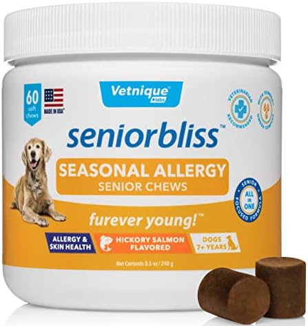 Vetnique Seniorbliss Allergy Chews e Antich Allergy Relief Shampoo para pacote de cães seniores