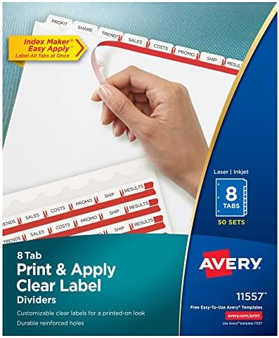 Avery Index Maker Clear Rótulo Divisores, 8,5 x 11 polegadas, 8 guias, guia branca, 50 conjuntos