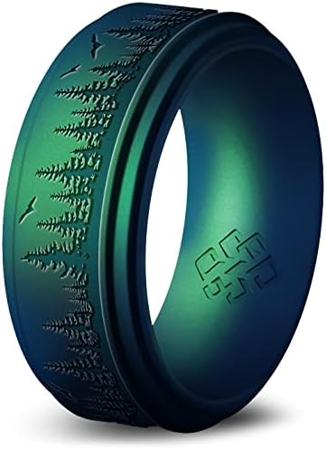 Teoria do nó anel de silicone florestal para homens - 9 mm de árvore gravada conforto respirável ajuste aliança de casamento de borracha