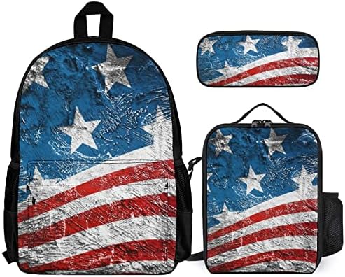 Damtma EUA Bandeira na mochila antiga mochila 3 peças Set Bookbag e lancheira Conjunto de laptop retrô com bolso de zíper