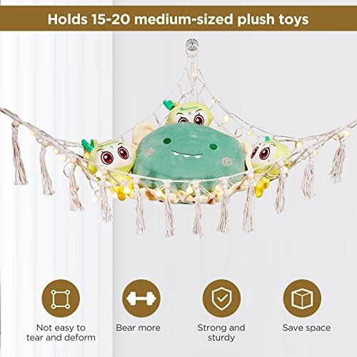 Rede de animais de pelúcia ou rede, rede de brinquedo de pelúcia com luz e ganchos LED, rede de brinquedos com estilo boho para crianças decoração de berçário