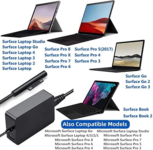 Surface Pro Charger, 65W 15V 4A Compatível com o Microsoft Surface Book 1/2, laptop de superfície 1/2/3/4, novo Surface