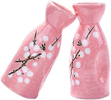 Conjunto de garrafas de saquê japonês de branco de 2, panela de saquê rosa