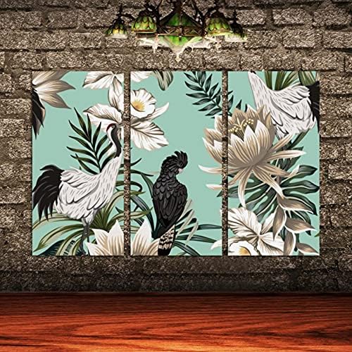 Arte da parede para sala de estar, Crane Bird Parrot Lotus Flor de palmeira Framedrication Decorative Oil Painting Conjunto