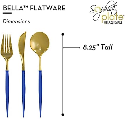 Sofistiplate Bella Falheres de talheres conjunto para 12 | Fork, Spoons & Knives Saturware Utensil Conjunto | Defina a louça de jantar reutilizável Plástico e lava -louças de plástico e superior seguro | Ouro com alças azuis