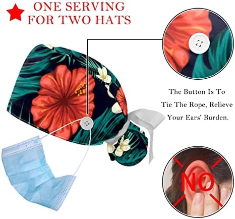 2 pacotes de tampa de trabalho com botões, chapéus de amarração elástica ajustável, folha de pássaro de flores de tampa cirúrgica