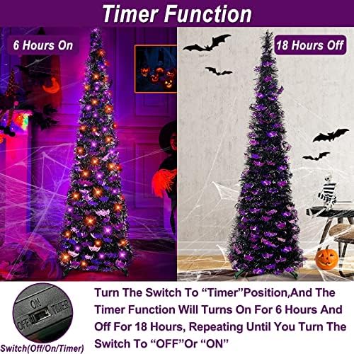 [Luzes de laranja e roxo] Decoração de árvore de Halloween iluminada de 5 pés com timer DIY 50 Morcegos LEDs lantejoulas de bateria Pop -up Black Lápis Chralloween Decorações de árvores